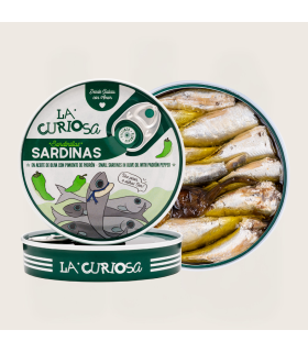 Sardinillas en Aceite de Oliva con Pimientos de Padrón 110grs. - 12/16 piezas - La Curiosa