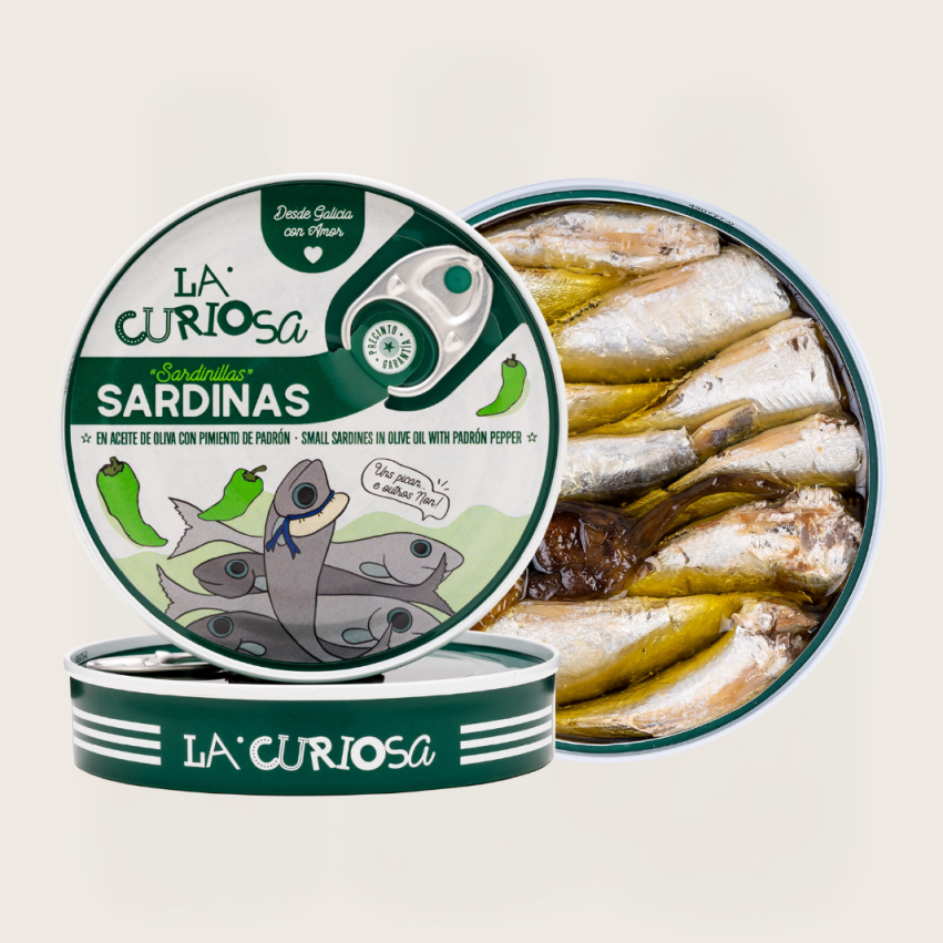 Sardinen in Olivenöl mit Padrón-Paprika 110g - La Curiosa (12/16 Stück)