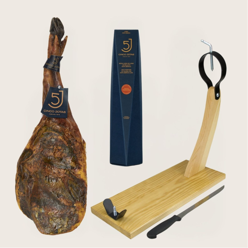 Pack 5J A : Paleta 5 Jotas de 5-5,5 kg/pieza + 1/2 Caña de lomo 5 Jotas + tabla de corte + cuchillo