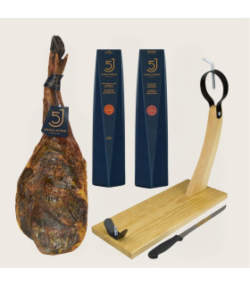 Pack 5J E : Pallet 5 Jotas of 5-5.5 kg/piece + 1/2 Caña de lomo 5 Jotas + Salchichón 5J + board + knife
