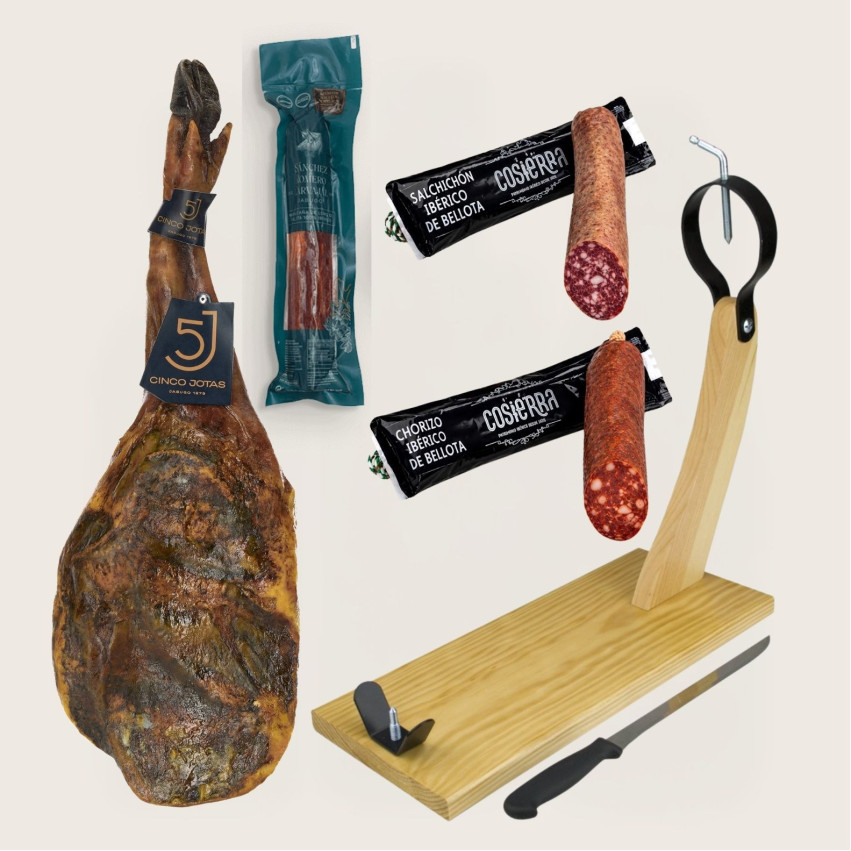 Pack 5J J: Paleta 5 Jotas de 4,5-5 kg/pieza + Caña de lomo Sánchez Romero Carvajal + Embutidos Cosierra + tabla + cuchillo
