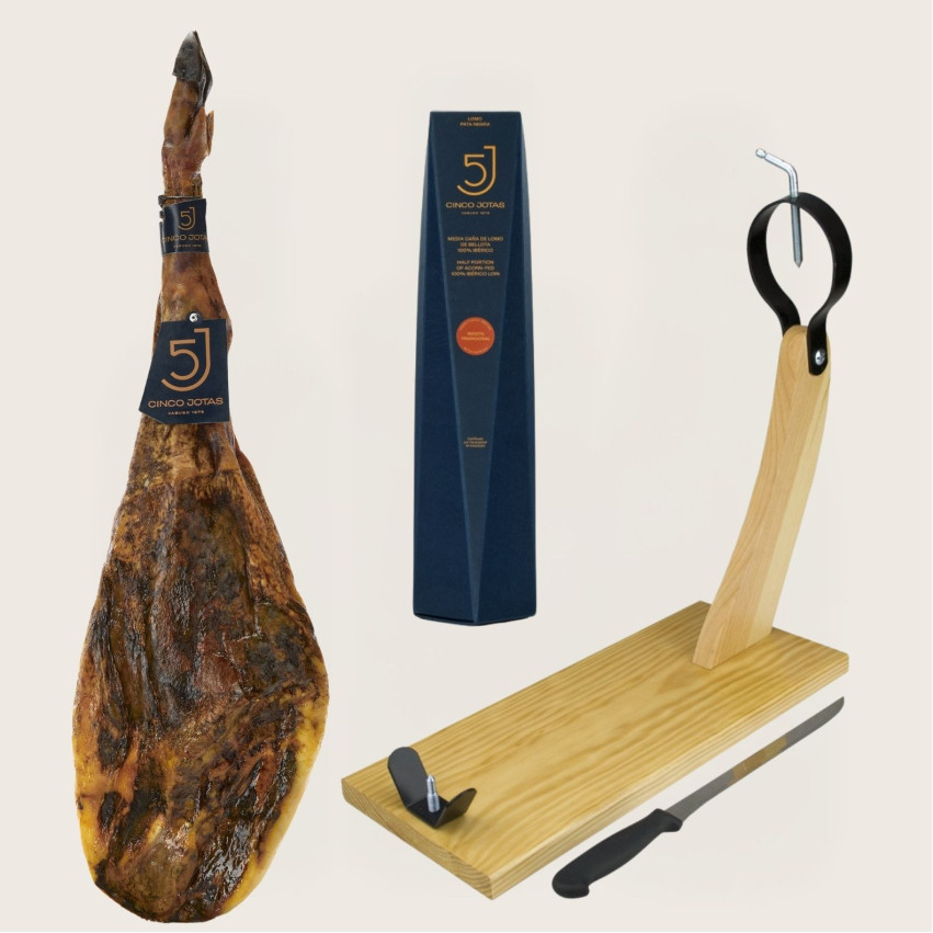 Pack 5J F : Jamón 5 Jotas de 6-7 kg/pieza + 1/2 Caña de lomo 5 Jotas + tabla + cuchillo