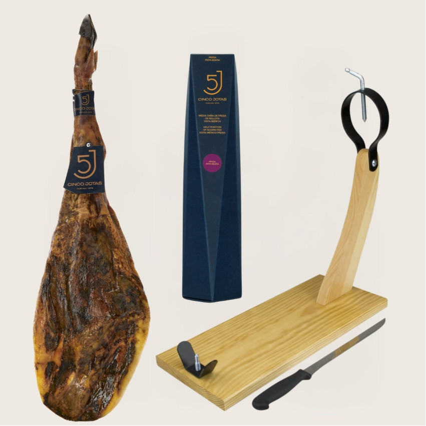 Pack 5J G : Jamón 5 Jotas de 6-7 kg/pieza + 1/2 Caña de presa 5 Jotas + tabla + cuchillo