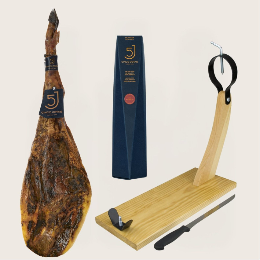 Pack 5J H : Jambon 5 Jotas de 6-7 kg/pièce + Saucisson 5 Jotas + planche + couteau