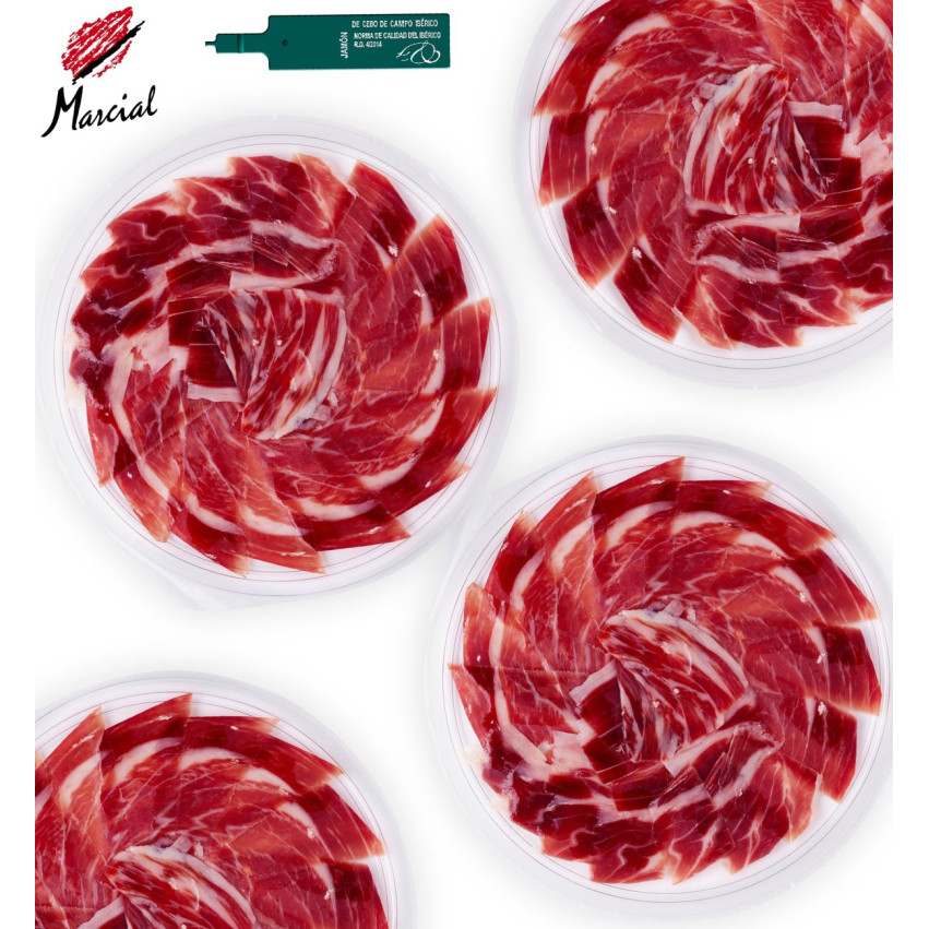 Jambon de cebo campo ibérique Marcial Castro tranché à la main 20 assiettes de 80g format dressage facile