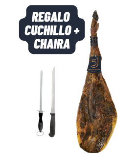 JAMÓN IBÉRICO DE BELLOTA 100% 5J + NÓŻ + OSTRZAŁKA