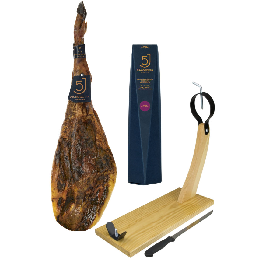 Pack 5J G : Jamón 5 Jotas de 6-7 kg/pieza + 1/2 Caña de presa 5 Jotas + regalo tabla y cuchillo de corte
